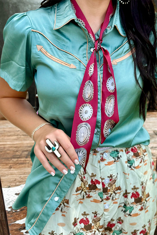 Drapey Satin Metal Buckle Shirt With Contrast Piping