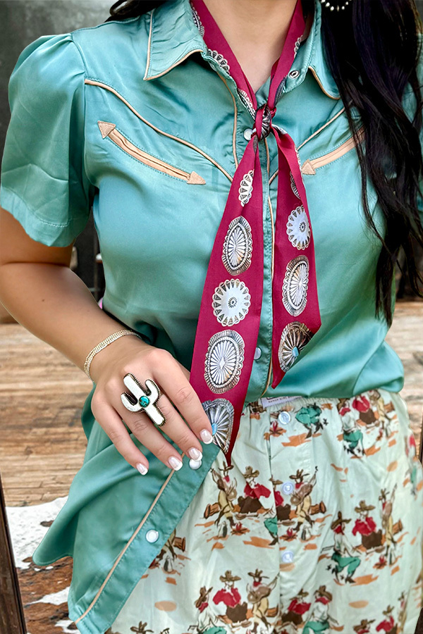 Drapey Satin Metal Buckle Shirt With Contrast Piping