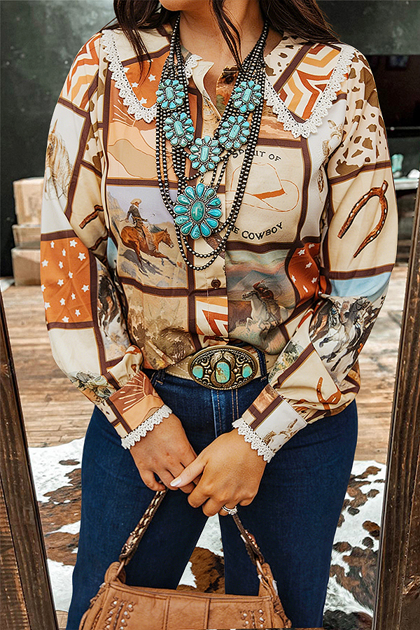 Retro Flowy Cowboy Crochet Doll Collar Blouse
