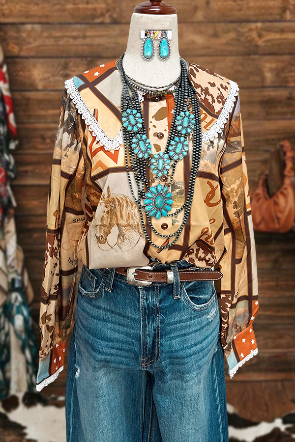 Retro Flowy Cowboy Crochet Doll Collar Blouse