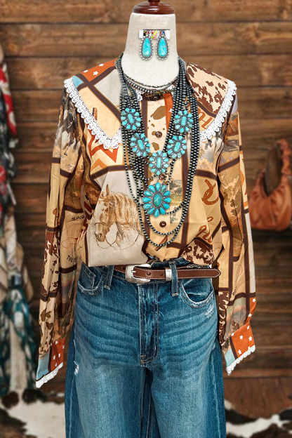 Retro Flowy Cowboy Crochet Doll Collar Blouse