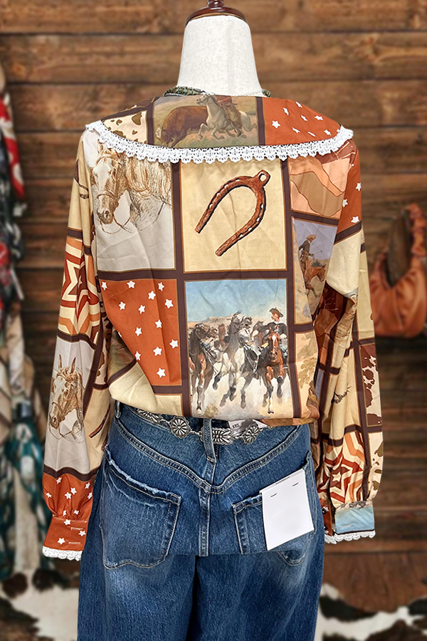 Retro Flowy Cowboy Crochet Doll Collar Blouse