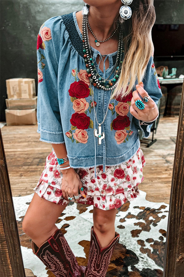 Rose-Patterned Denim Frayed And Pleated Top