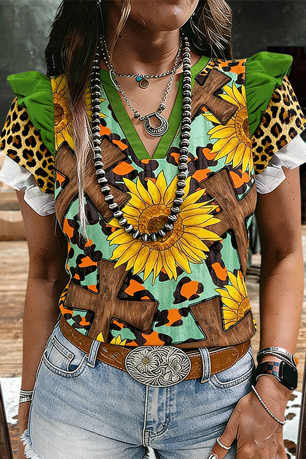Retro Crosses Daisy Layered Ruffle Sleeve Top