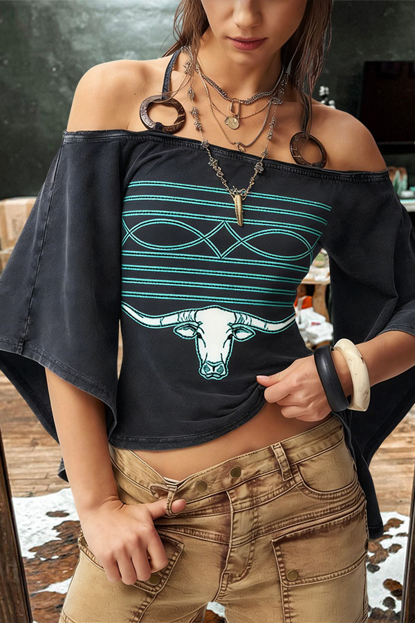 Retro Boots Stitching Wooden Round Buckle Bell-Sleeve Top