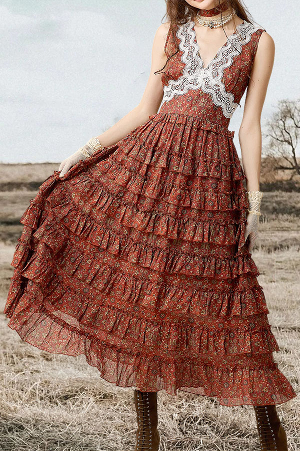 Vintage Floral Crochet Lace Tiered Maxi Dress