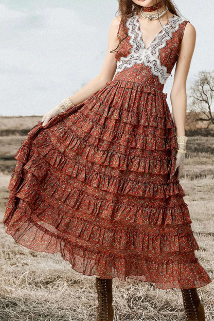 Vintage Floral Crochet Lace Tiered Maxi Dress