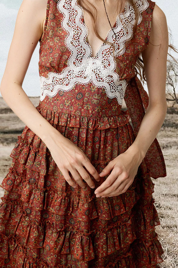 Vintage Floral Crochet Lace Tiered Maxi Dress