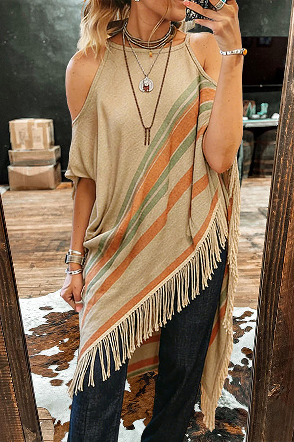 Linen Striped Fringed Off-Shoulder Mid-Sleeve Top