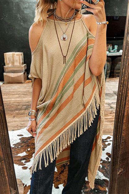 Linen Striped Fringed Off-Shoulder Mid-Sleeve Top