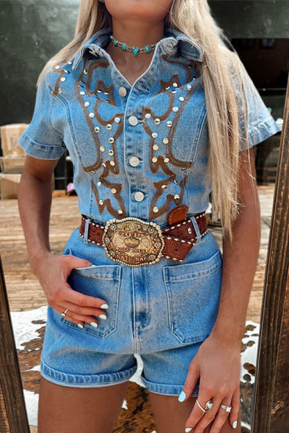 Western-Style Riveted Denim Rompers