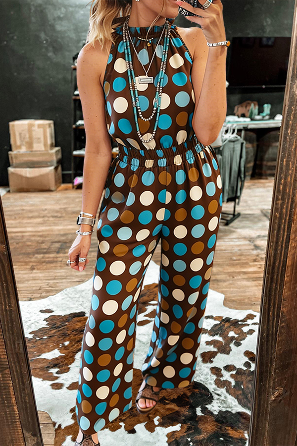 Color-Blocked Polka Dot Elastic Waist Ruffle Jumpsuit