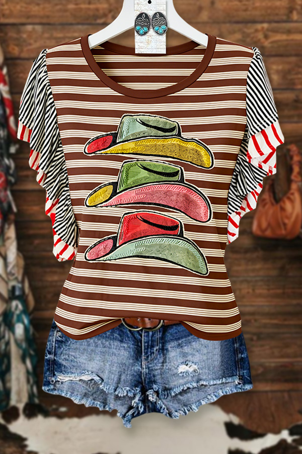 Western-Style Colorful Hat Striped Ruffle Sleeve Tee