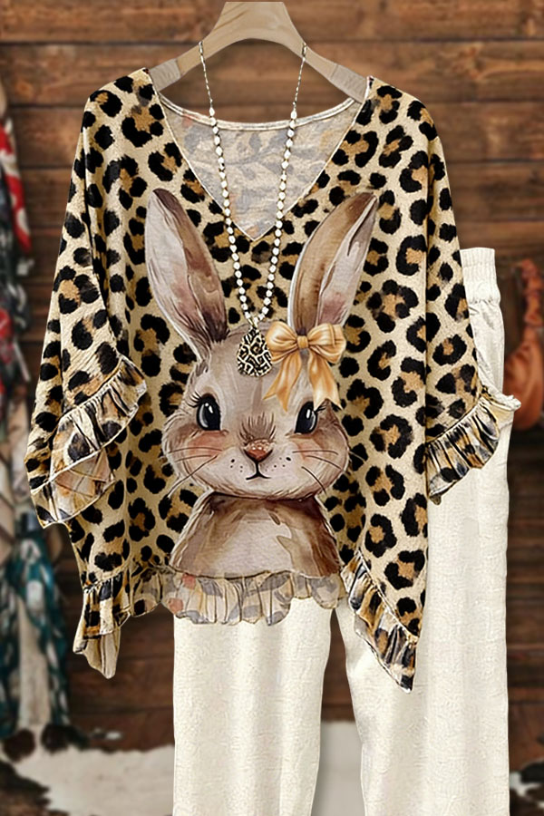 Easter Bunny Leopard Print Double Ruffle Top