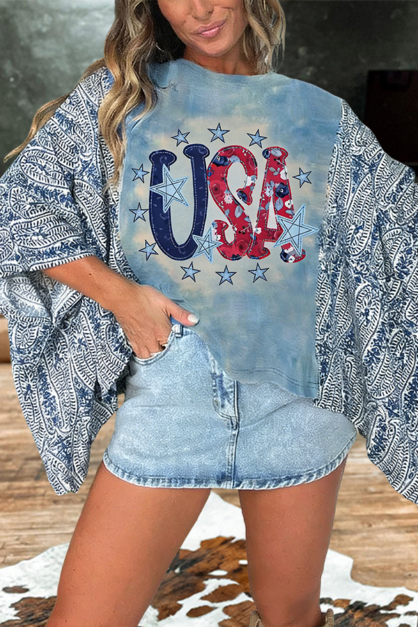 Women's t-shirt | Distressed USA Flag Paisley Patchwork Mid-Sleeve Top |westernfeelings
