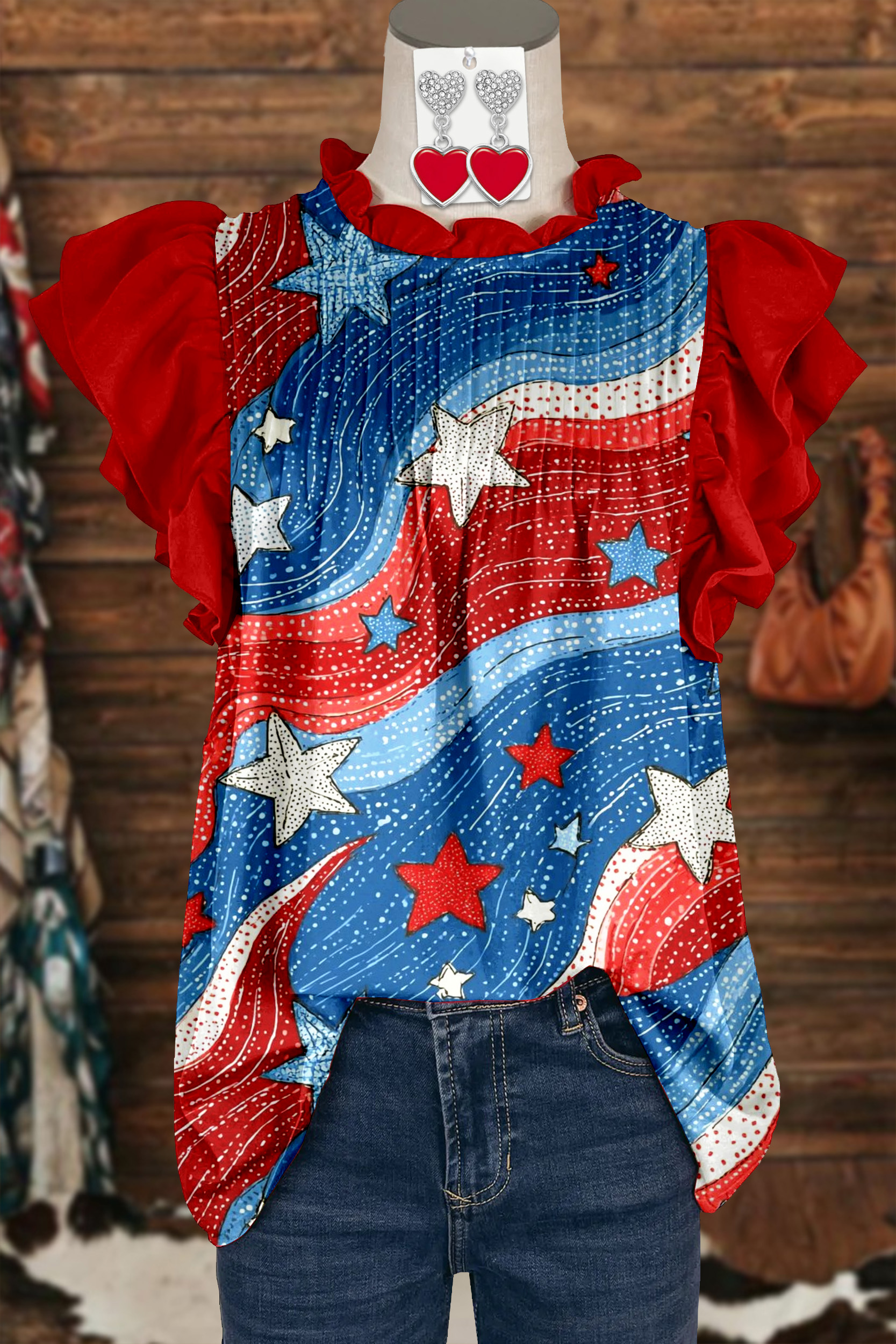 Retro USA Flag Ruched Ruffled Sleeve Shirt