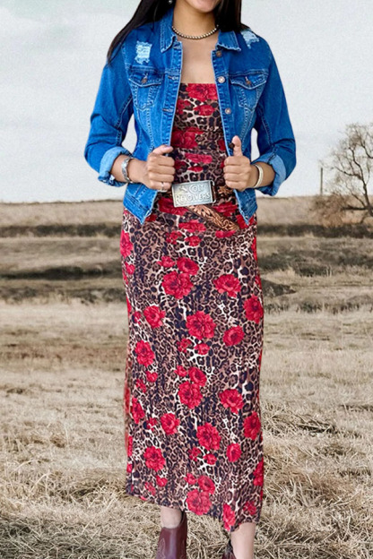 Charming Leopard Floral Ruffled Sleeves Midi Dress