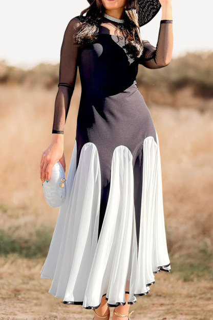 Elegant Waisted Mesh Petal Hem Design Patchwork Midi Dress