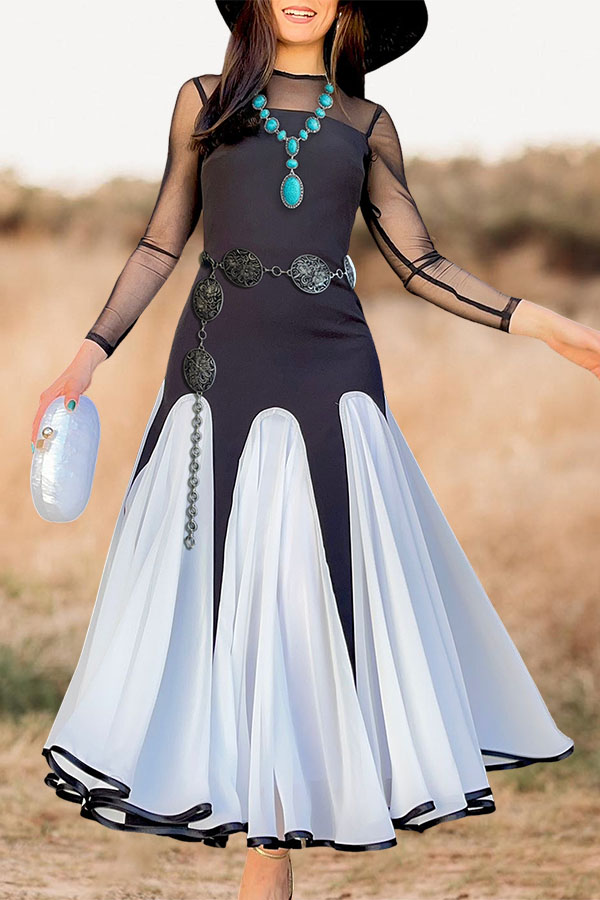 Elegant Waisted Mesh Petal Hem Design Patchwork Midi Dress