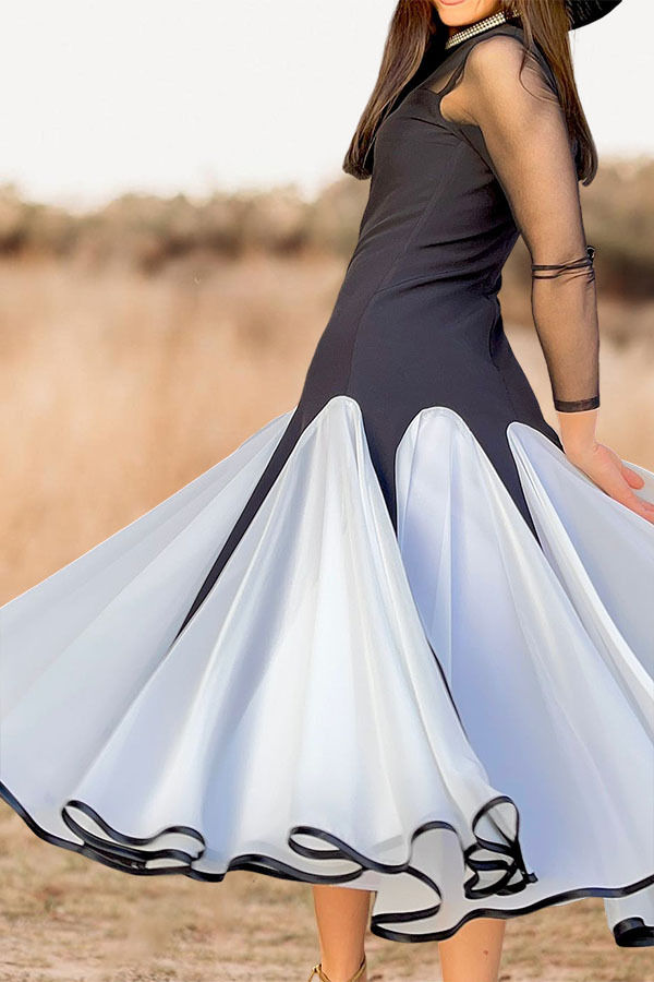 Elegant Waisted Mesh Petal Hem Design Patchwork Midi Dress