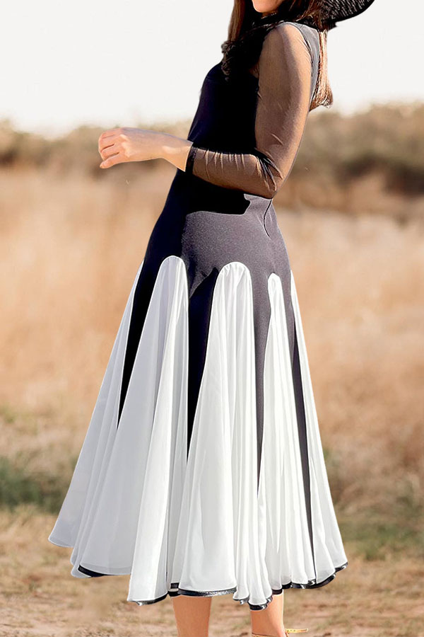 Elegant Waisted Mesh Petal Hem Design Patchwork Midi Dress