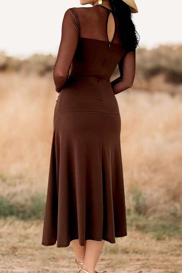 Waisted Slimming Stretch Mesh Ruched Midi Dress