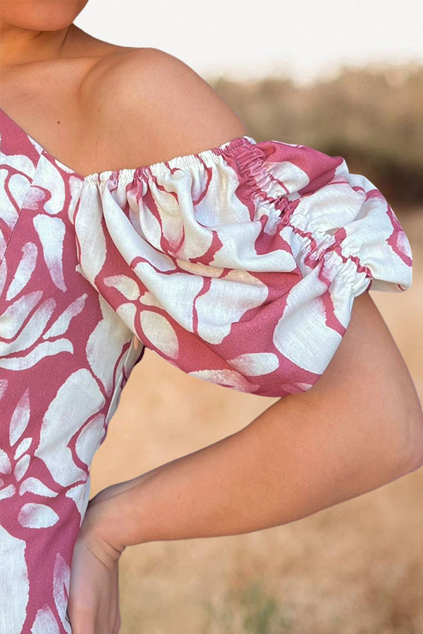 Charming Waisted Floral Puff Sleeve Midi Dress