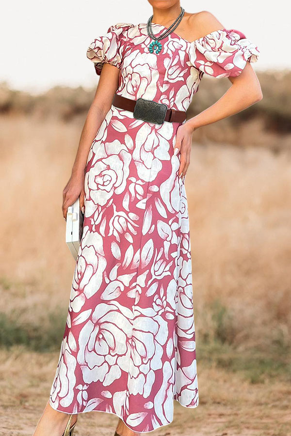 Charming Waisted Floral Puff Sleeve Midi Dress