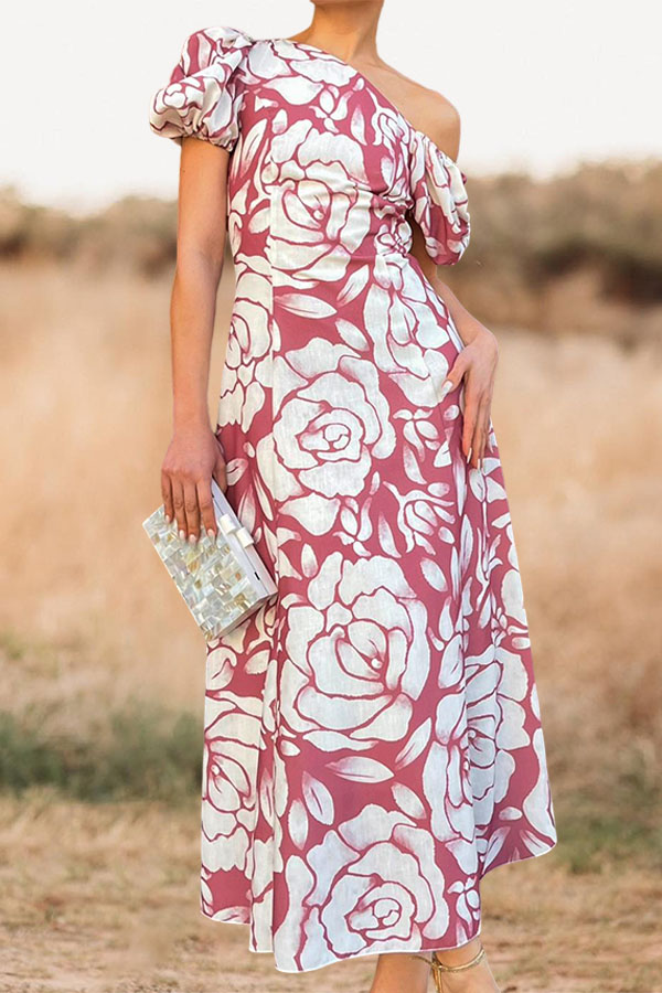 Charming Waisted Floral Puff Sleeve Midi Dress