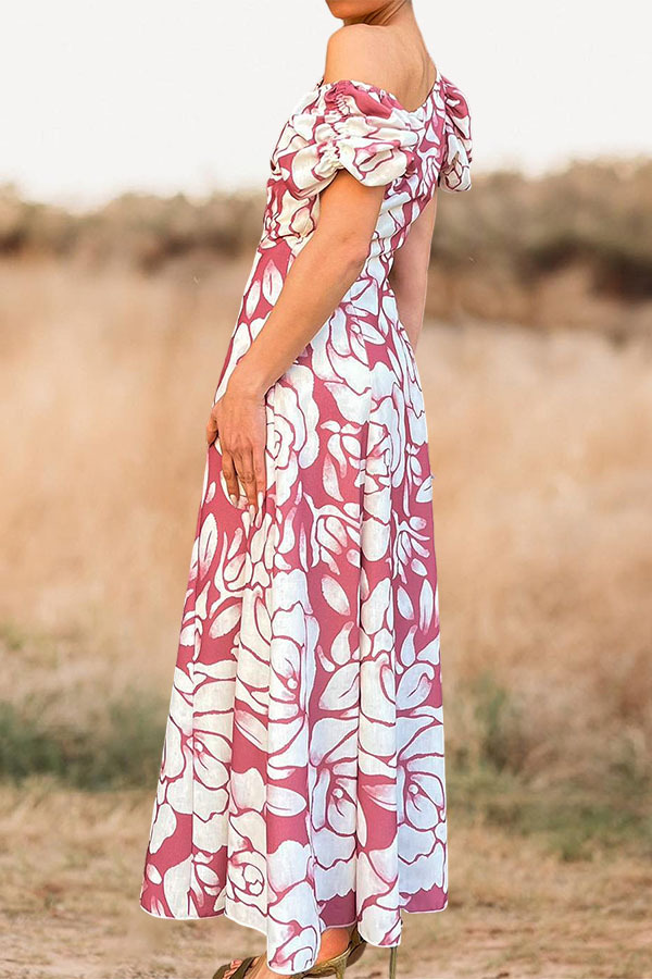 Charming Waisted Floral Puff Sleeve Midi Dress