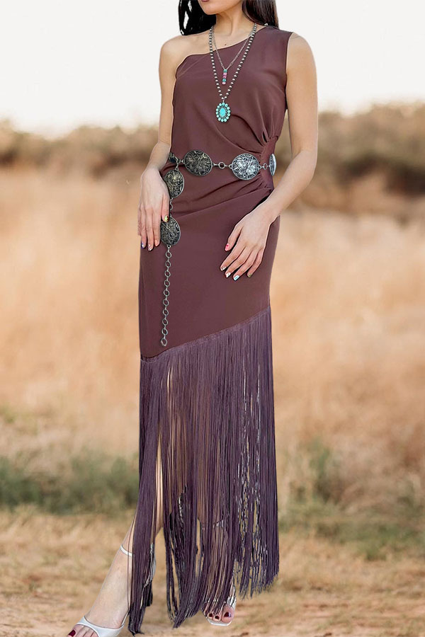 Retro Sexy Tasseled One-Shoulder Two-Piece Dress Set