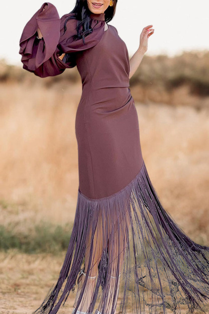 Retro Sexy Tasseled One-Shoulder Two-Piece Dress Set