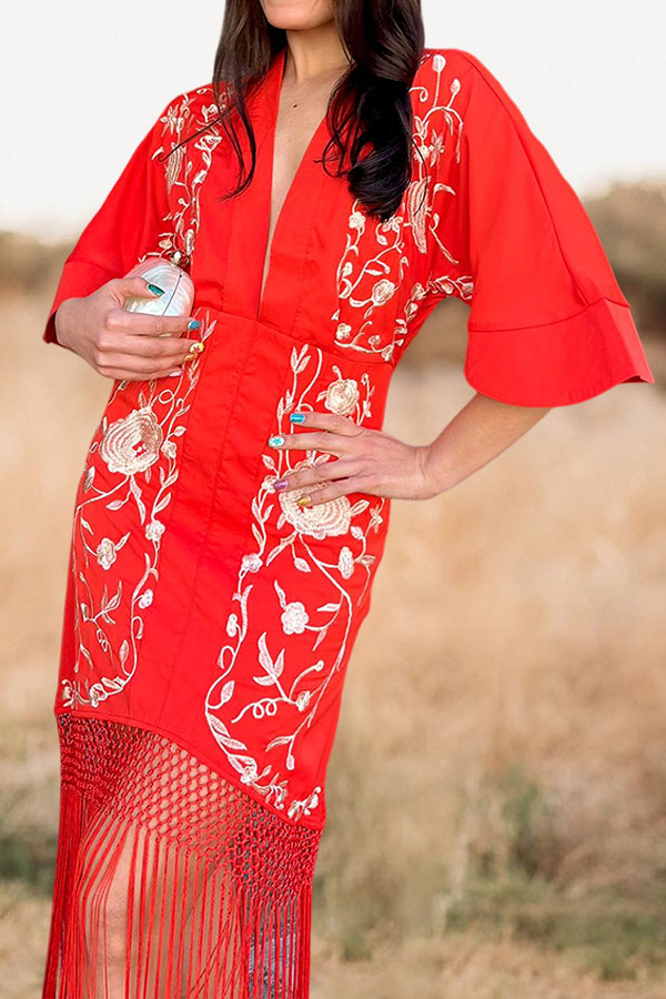 Elegant Floral Tassel Hem V-Neck Midi Dress