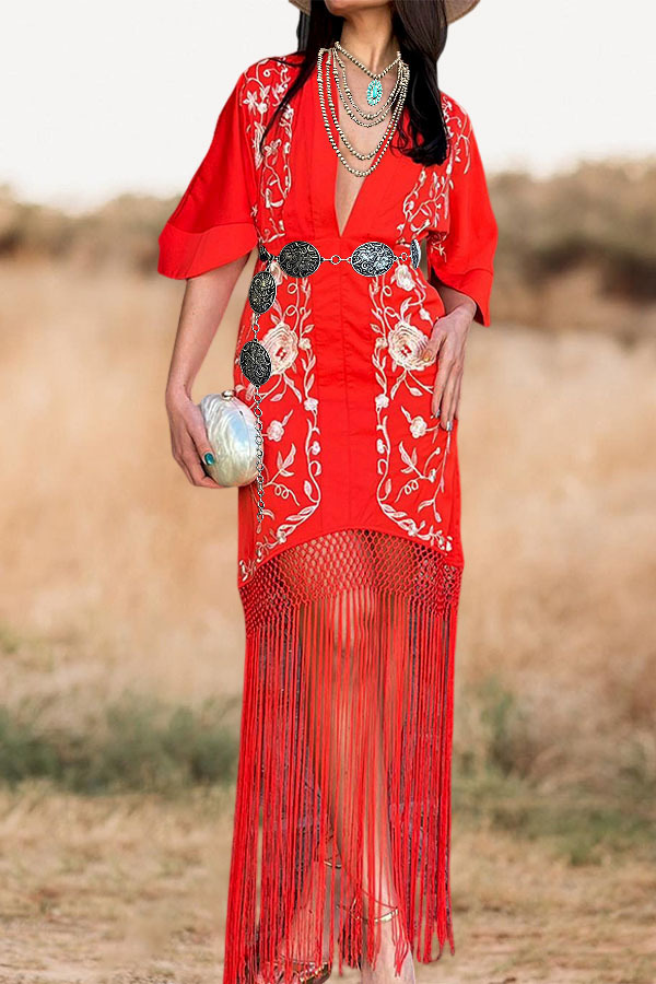 Elegant Floral Tassel Hem V-Neck Midi Dress