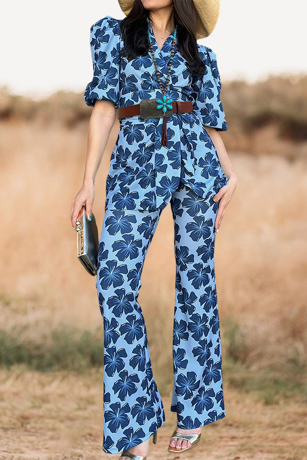 Fashionable Floral Belted Top And Pants Set