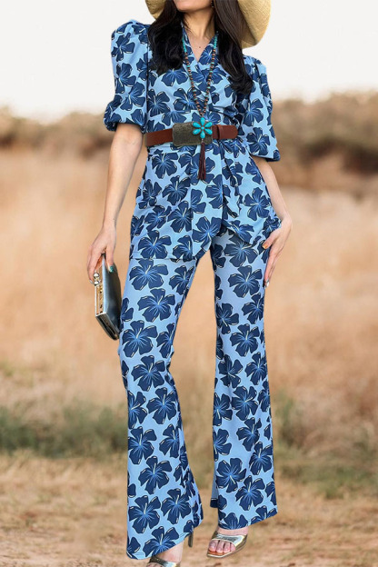 Fashionable Floral Belted Top And Pants Set