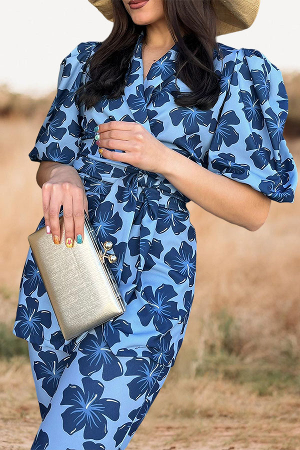 Fashionable Floral Belted Top And Pants Set