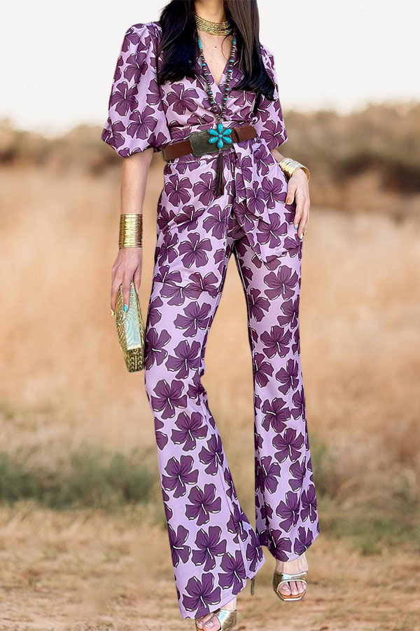 Fashionable Floral Belted Top And Pants Set