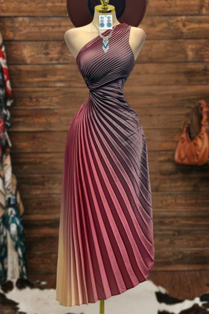 Charming Pleated Gradient Waisted One-Shoulder Midi Dress