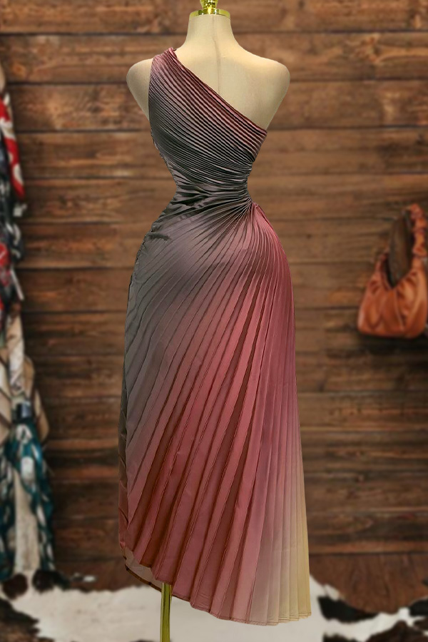 Charming Pleated Gradient Waisted One-Shoulder Midi Dress