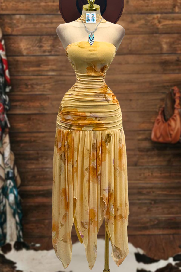 Charming Flowy Floral Strapless Midi Dress