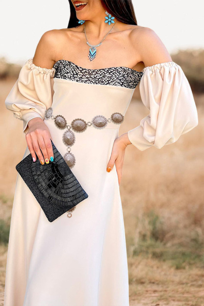 Elegant And Sparkling A-Line Puff Sleeve Midi Dress