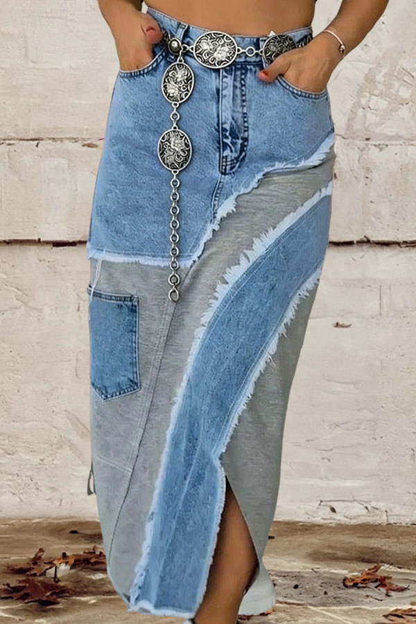 Casual Cozy Denim And Knit Patchwork Skirt