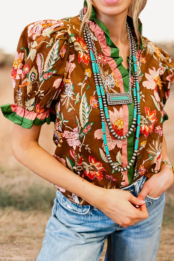 Romantic Garden Patchwork Ruffled Puff Sleeve Shirt