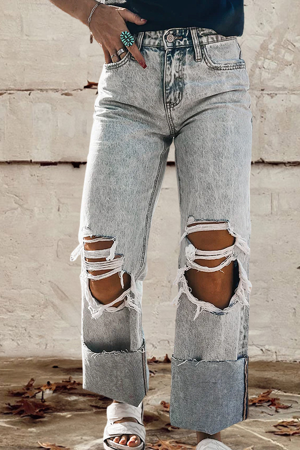 Cozy Distressed Ripped Wide-Leg Jeans