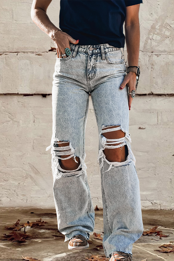 Cozy Distressed Ripped Wide-Leg Jeans