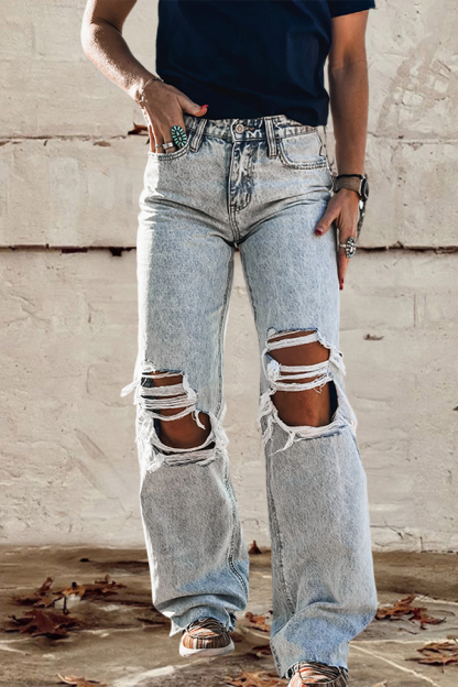 Cozy Distressed Ripped Wide-Leg Jeans
