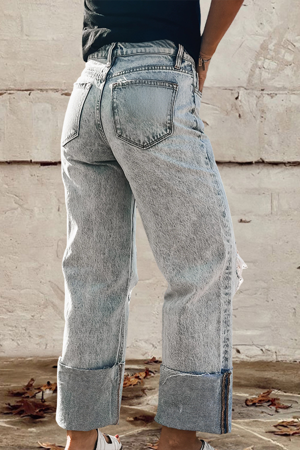Cozy Distressed Ripped Wide-Leg Jeans
