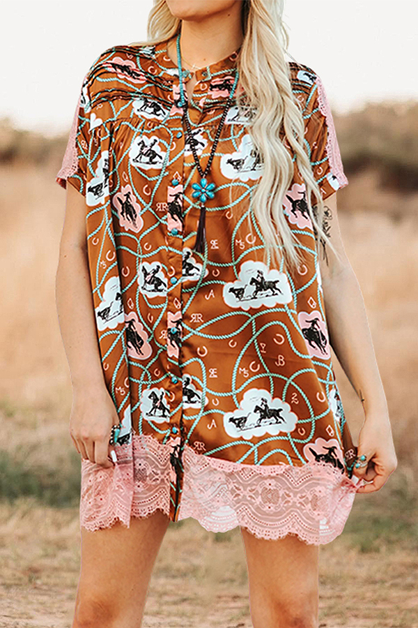 Rodeo Ruched Lace Patchwork Button Down Long Shirt