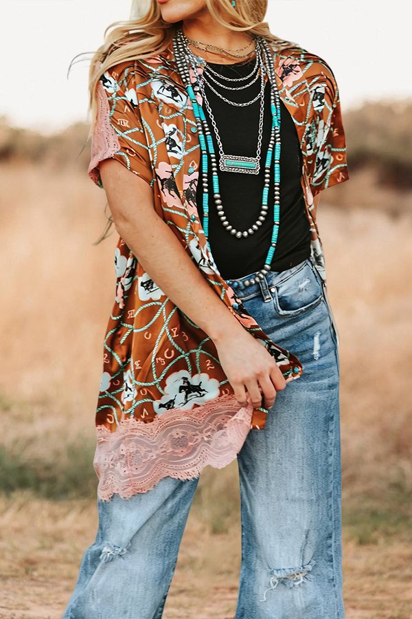 Rodeo Ruched Lace Patchwork Button Down Long Shirt